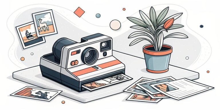 Retro instant camera printing photos next to a potted plant.