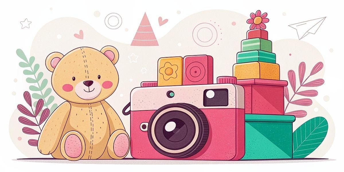 Cute teddy bear and retro camera with colorful stacking blocks