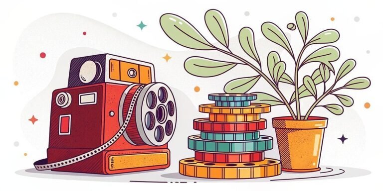 Vintage film camera with film reels and a potted plant, evoking retro movie production.