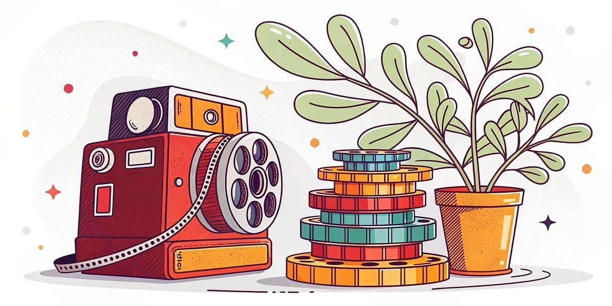 Vintage film camera with film reels and a potted plant, evoking retro movie production.