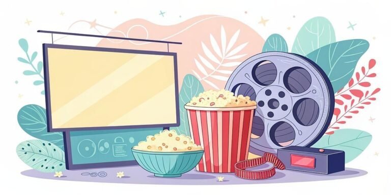 Movie night essentials: screen, popcorn, and film reel.