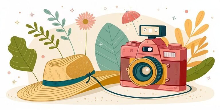 Retro pink camera and straw hat with tropical leaves and flowers