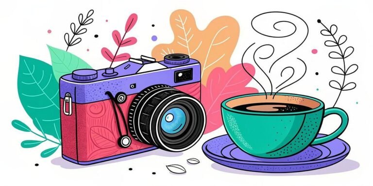 Retro camera and steaming coffee cup with colorful leaves