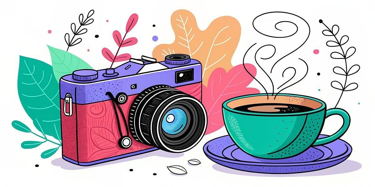 Retro camera and steaming coffee cup with colorful leaves