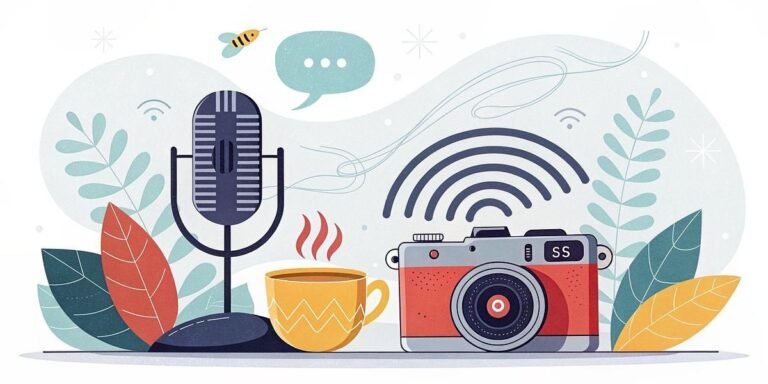 Retro microphone, camera, and coffee cup with podcasting and content creation theme.