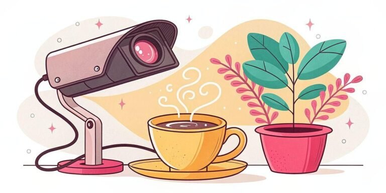 Security camera watches a steaming cup of coffee and a potted plant.