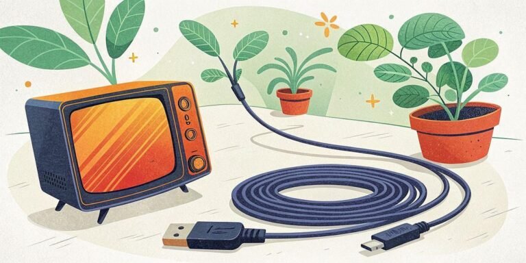 Retro TV connected by cable to a growing plant, symbolizing tech and nature.