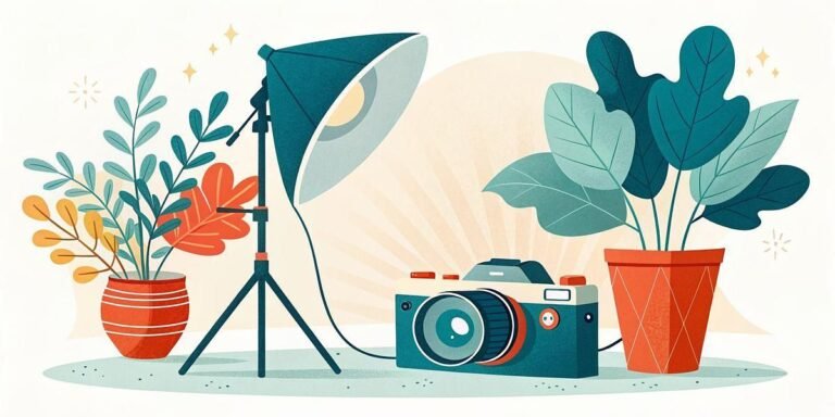 Vintage camera and potted plants with studio lighting, flat design