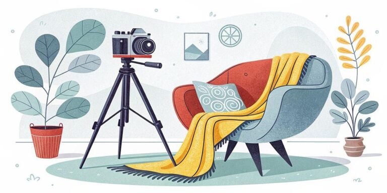Vintage camera on tripod in cozy room with armchair and plants.