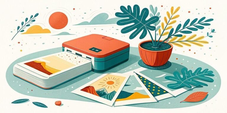 Portable photo printer printing colorful landscape photos next to a potted plant.