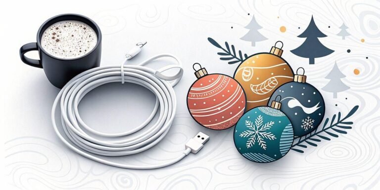 Christmas ornaments, a cup of coffee, and a white USB cable on a festive background.
