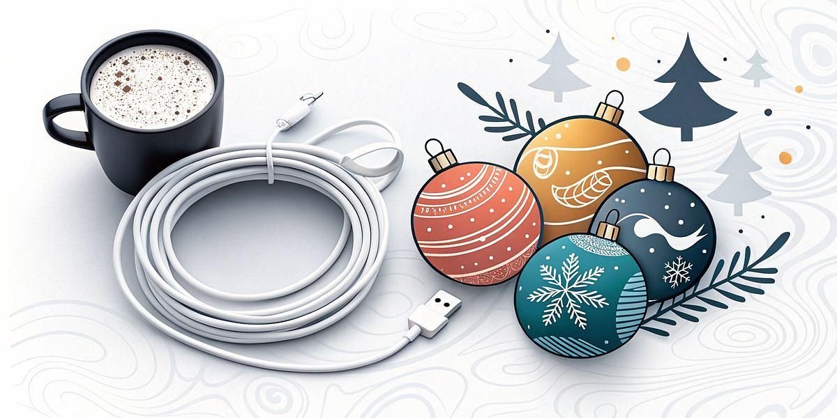 Christmas ornaments, a cup of coffee, and a white USB cable on a festive background.
