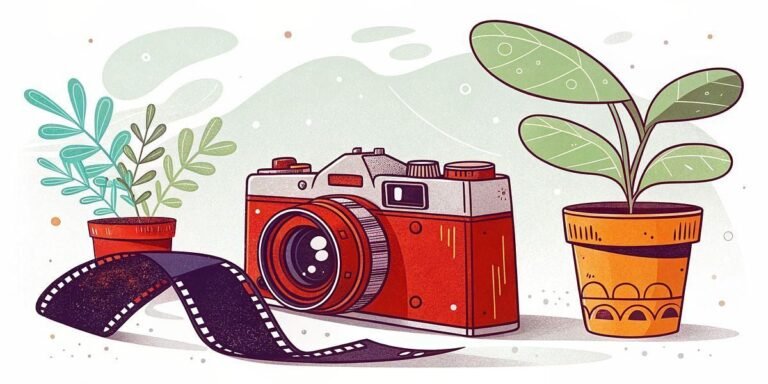 Vintage camera with film and potted plants, photography aesthetic
