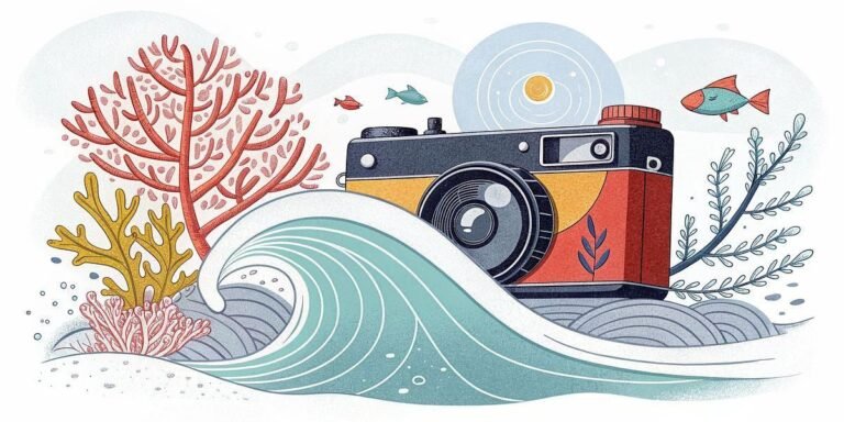 Vintage camera by the ocean with coral and fish