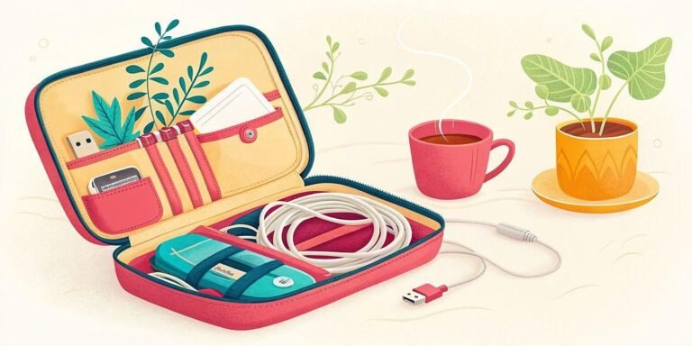 Open red travel organizer with tech accessories, charging cables, and a coffee cup nearby.