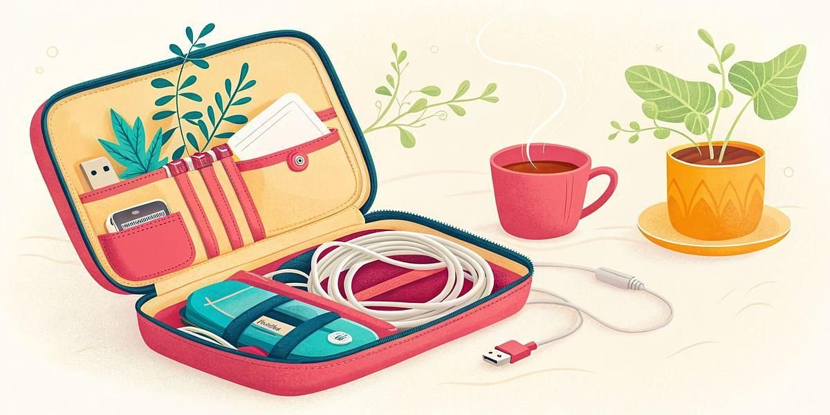 Open red travel organizer with tech accessories, charging cables, and a coffee cup nearby.