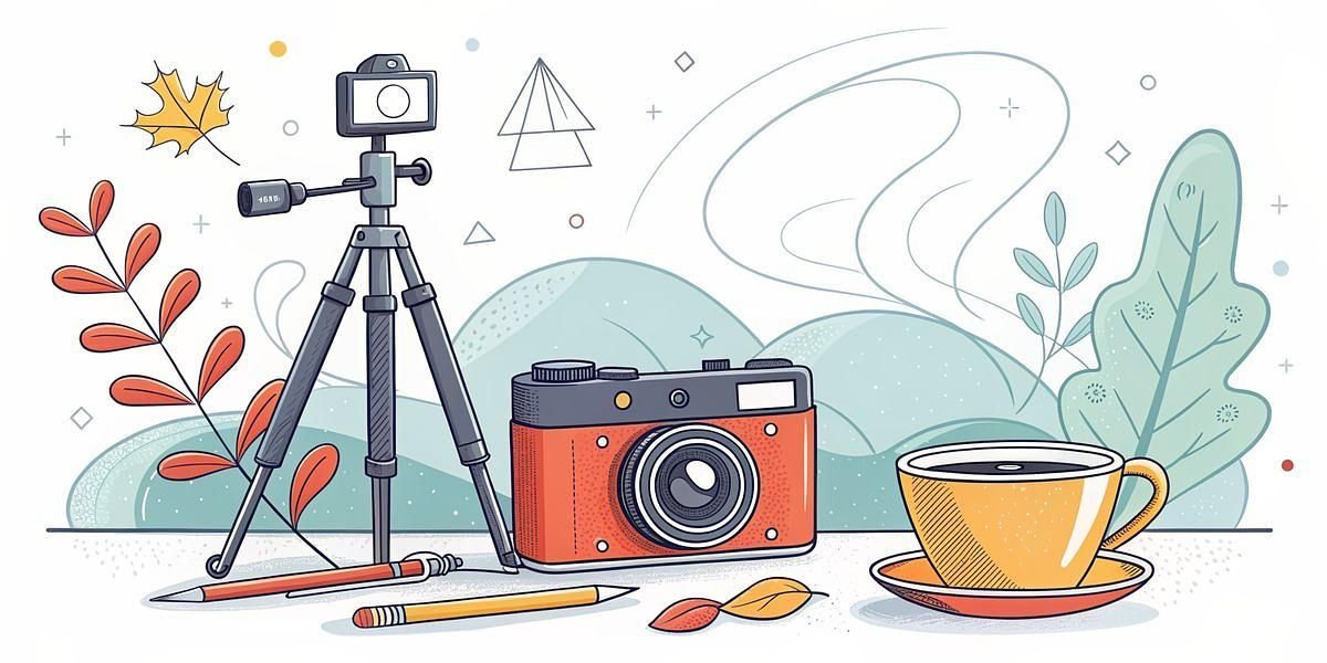 Camera on tripod, coffee cup, and art supplies, illustrating creative workflow.
