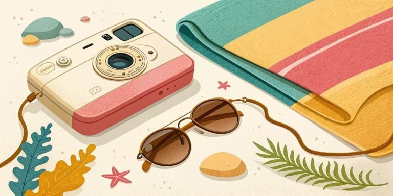 Retro camera, sunglasses, and striped beach towel on sand