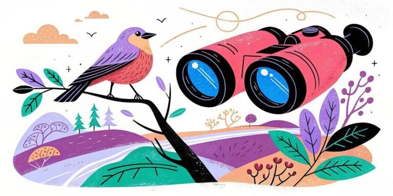 Birdwatching binoculars and a colorful bird in a vibrant landscape