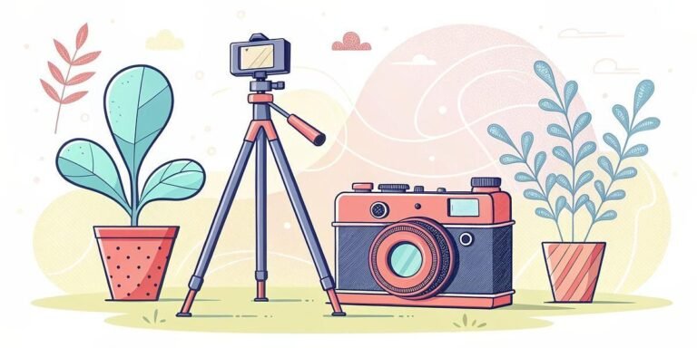 Camera tripod and vintage camera with plants, for adventure photography.