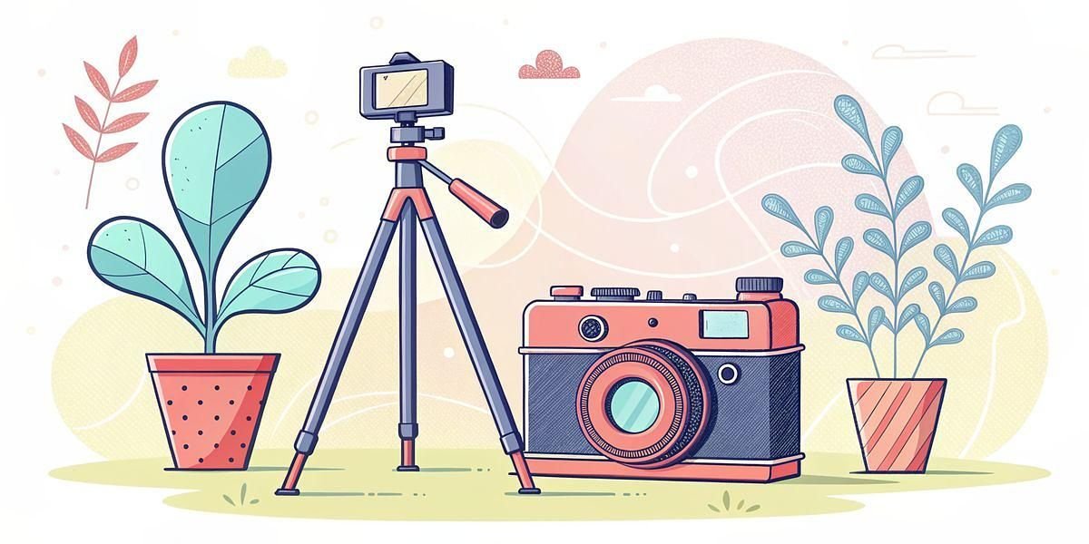 Camera tripod and vintage camera with plants, for adventure photography.
