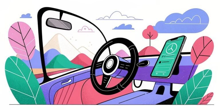 Car interior with steering wheel and phone mount, hands-free driving