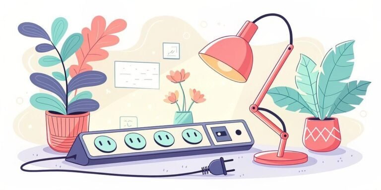 Illustration of a desk lamp, power strip, and potted plants on a table.