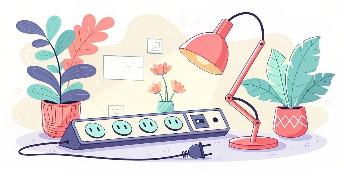 Illustration of a desk lamp, power strip, and potted plants on a table.