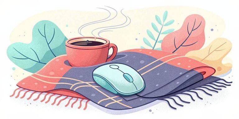 Cozy workspace with coffee and computer mouse on a blanket.