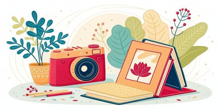 Red camera, open book with lotus art, and potted plant on a table.