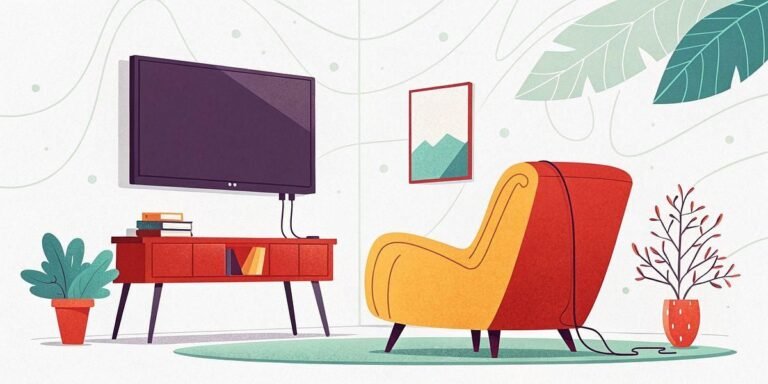 Cozy living room with a modern TV, armchair, and plants.