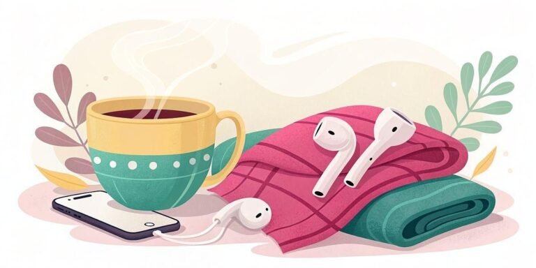 Cozy scene with coffee, earbuds, phone, and blanket