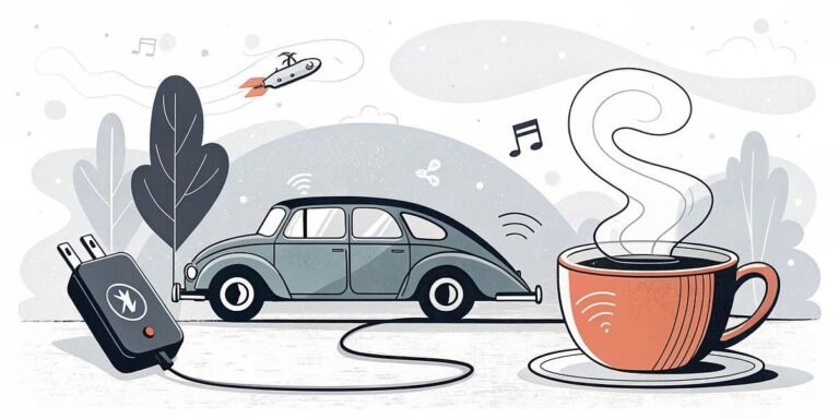 Vintage electric car charging next to a steaming cup of coffee, with a rocket in the sky.