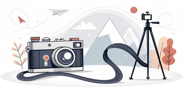 Vintage camera and tripod with mountain backdrop