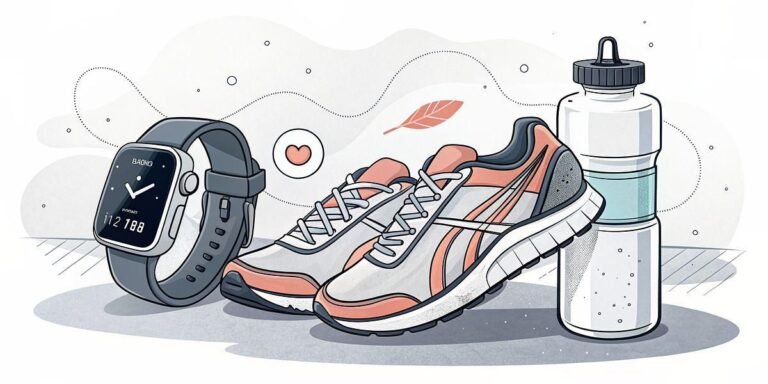 Smartwatch, running shoes, and water bottle for a fitness routine