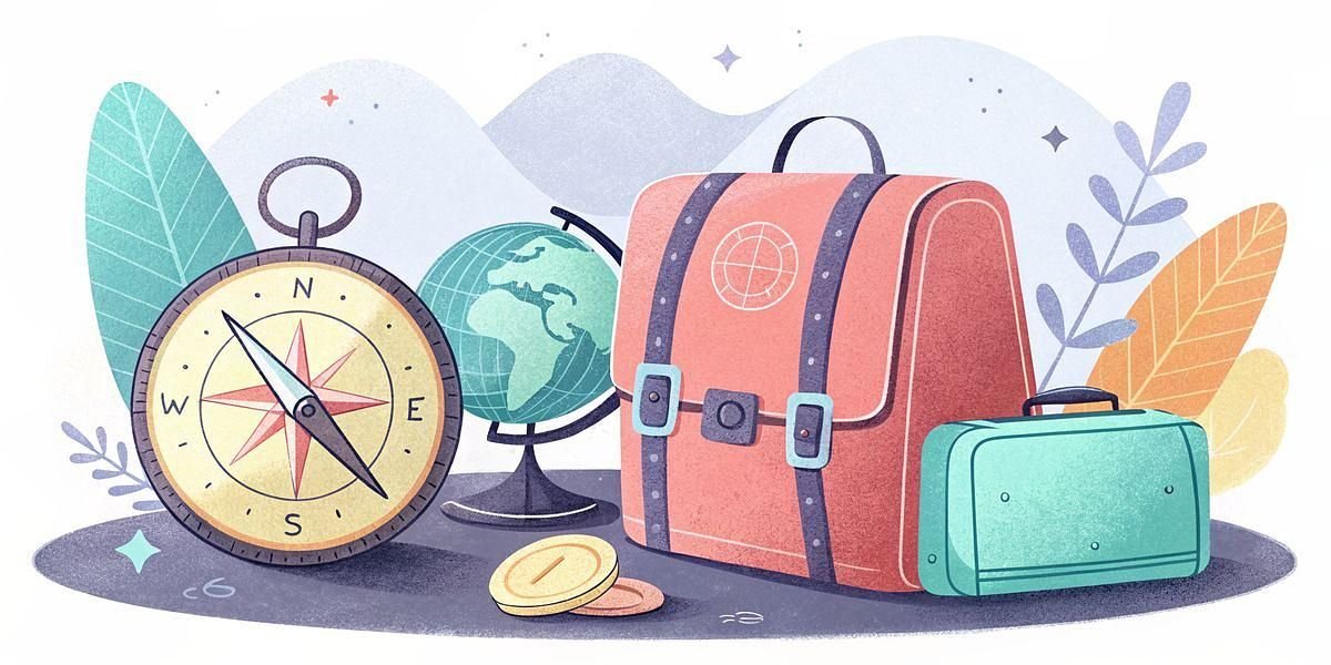 Travel kit with compass, globe, and luggage for navigation
